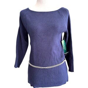 Lauren by Ralph Lauren vtg Y2K navy‎ blue ribbed sweater chain belt Petite L NWT